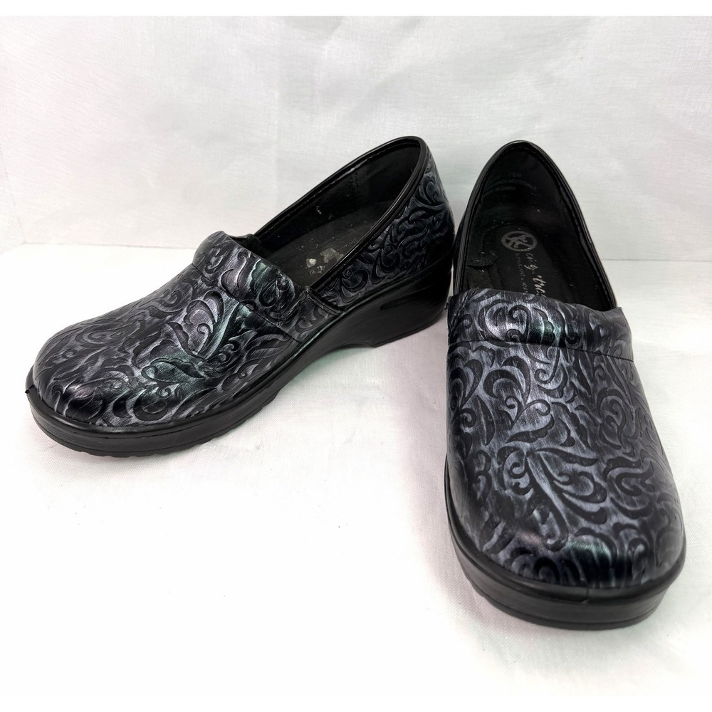 Easy Street Laurie Women 7M Black Gray Embossed Floral Comfort Work Clog No Slip
